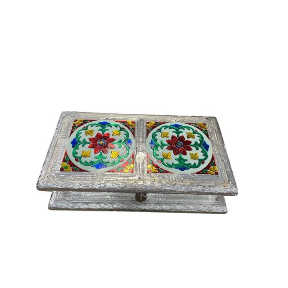 Indian Handcrafted Silver Embossed Wooden Jewelry trinket box SKU 9146 - Picture 1 of 12